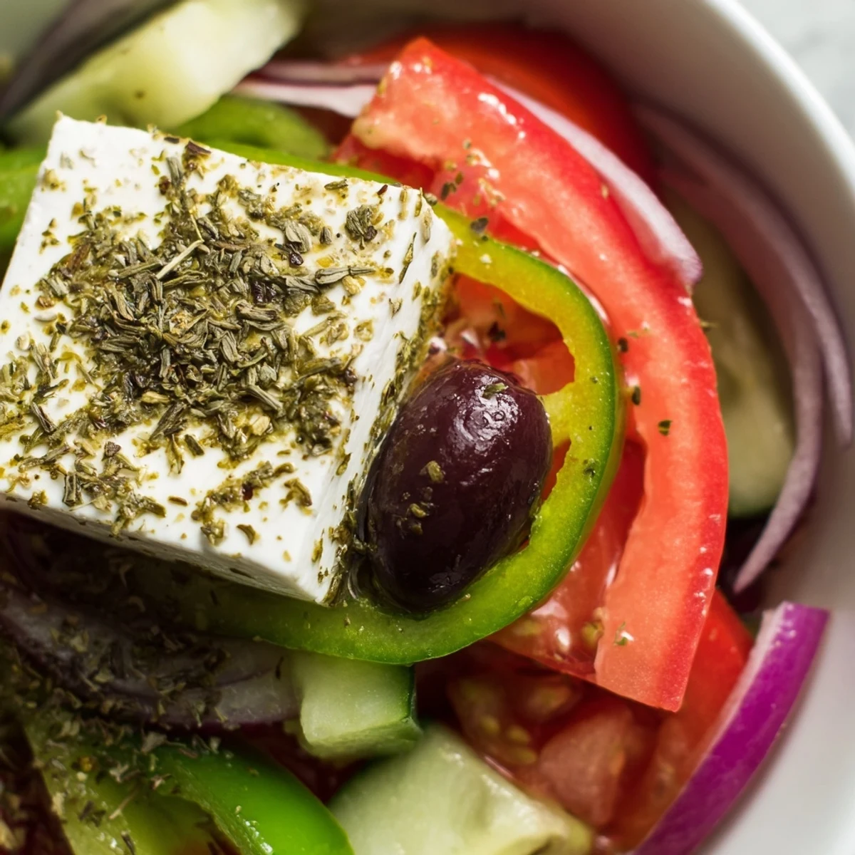 Colorful Greek Salad with Kalamata Olives, cucumbers, tomatoes, and red onion on a rustic wooden table.
