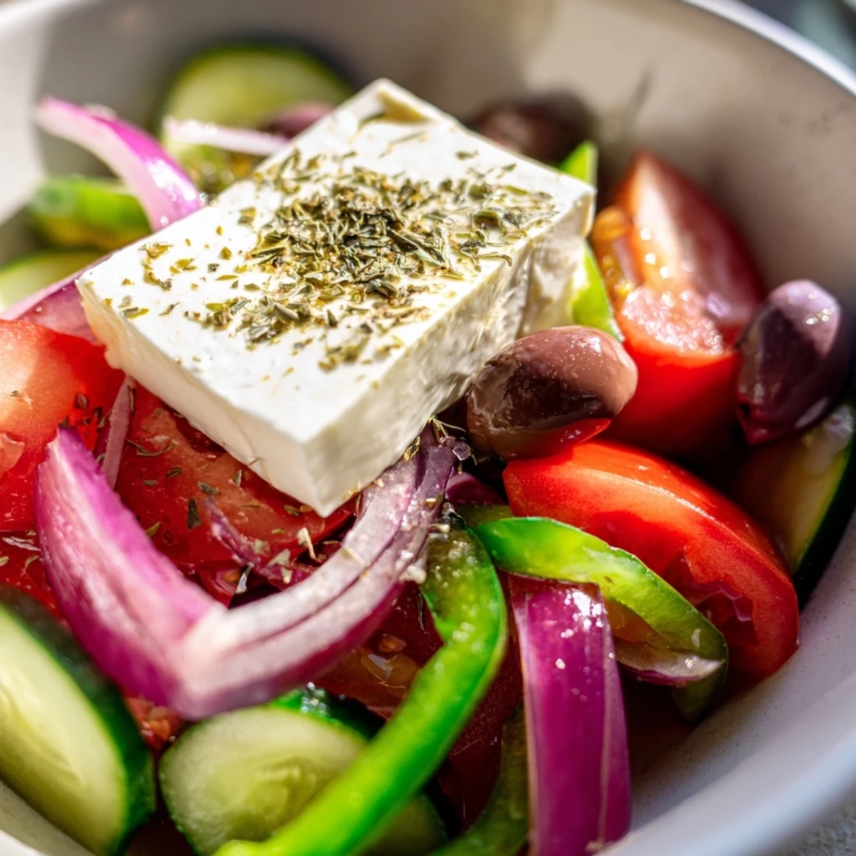 Fresh Greek Salad with Kalamata Olives, feta, and oregano dressing in a white bowl, served as a light meal.