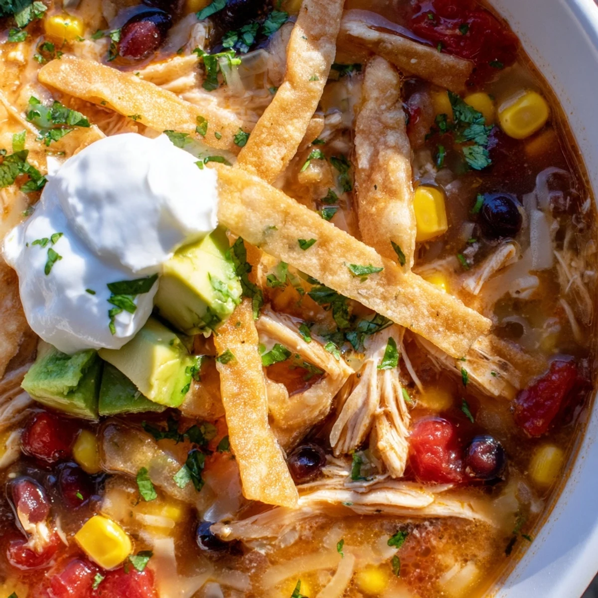A steaming bowl of Chicken Tortilla Soup with Crispy Strips garnished with avocado, cheese, and fresh cilantro.