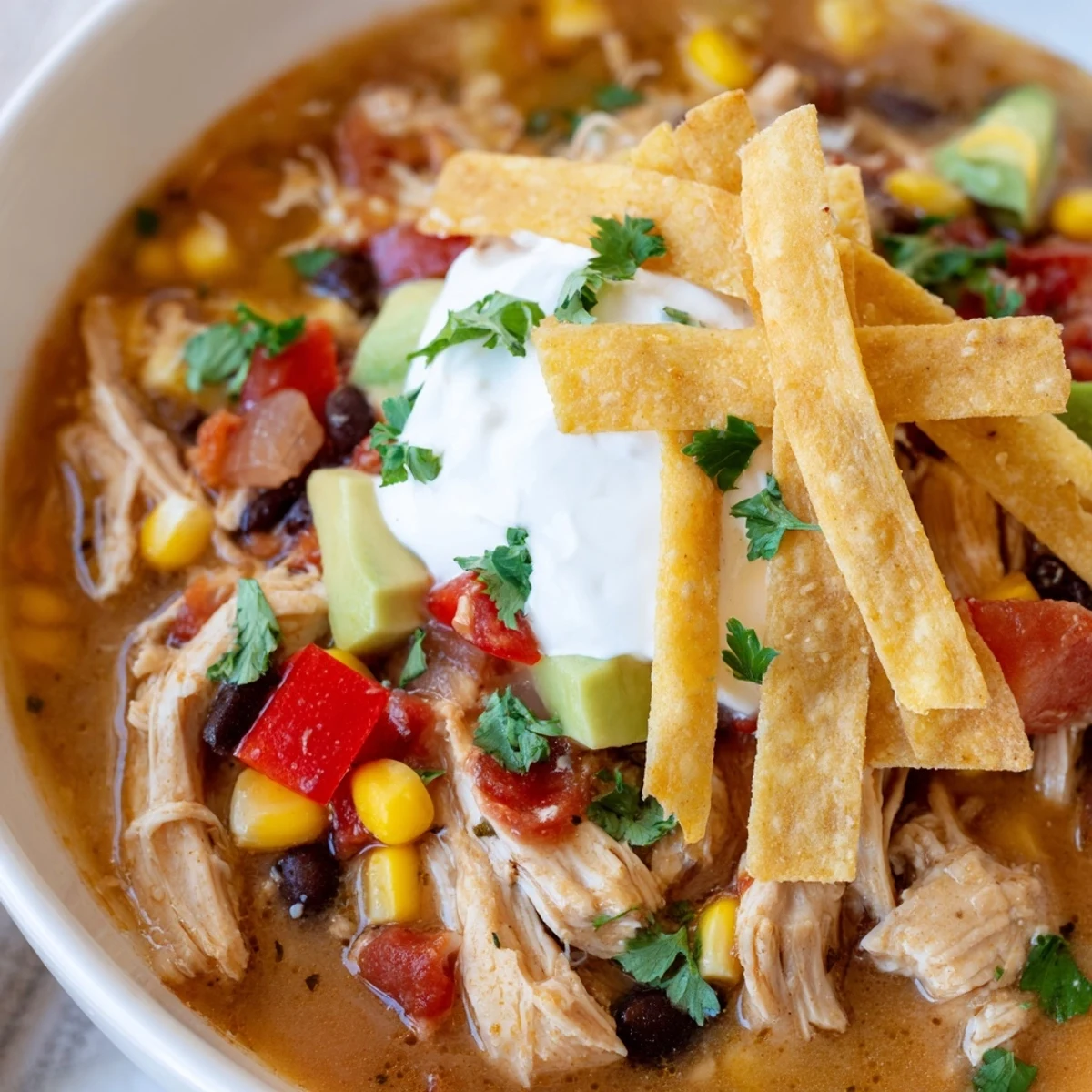Spoon lifting a bite of Chicken Tortilla Soup with Crispy Strips revealing tender chicken, black beans, and corn.