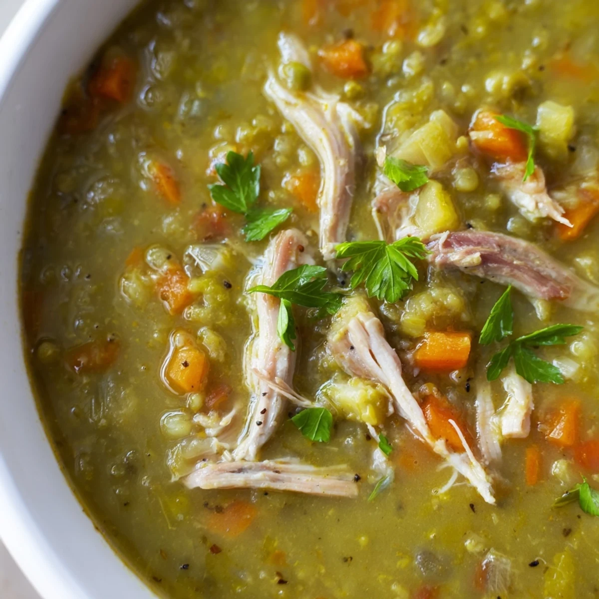 A steaming bowl of Green Split Pea Soup with Smoked Turkey features tender peas, shredded smoked turkey, and diced carrots in a rustic, thick broth.