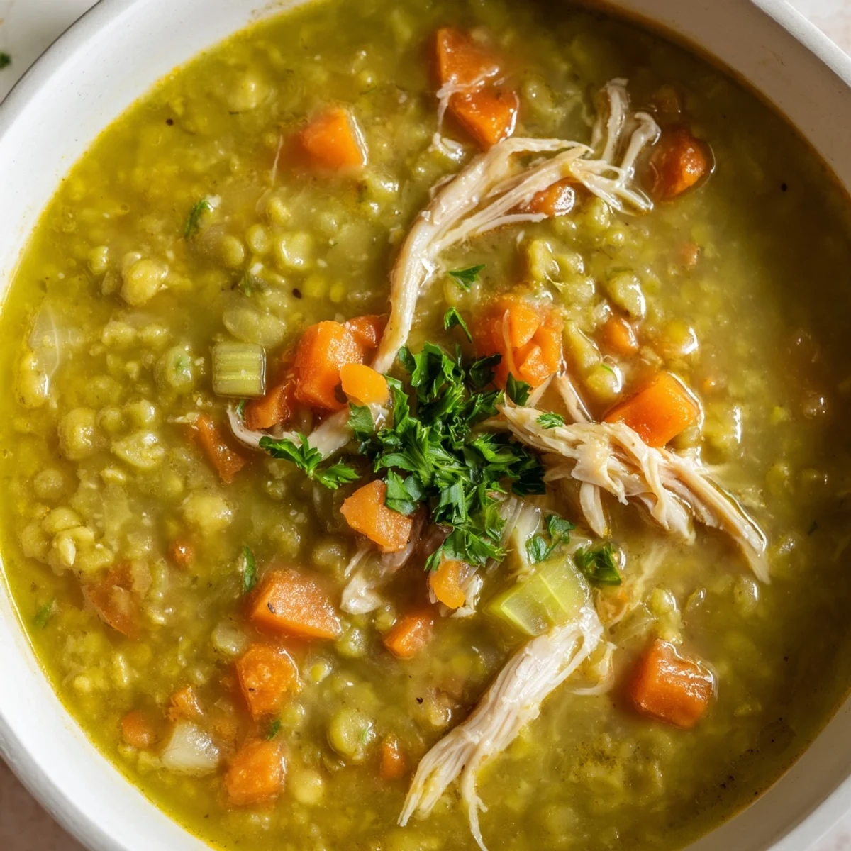 Close-up of Green Split Pea Soup with Smoked Turkey showing creamy texture, tender peas, and savory turkey chunks, ideal for a comforting lunch.