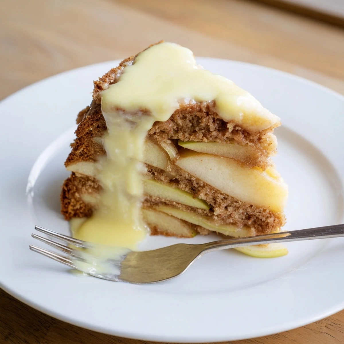 A warm slice of Irish Apple Cake with Custard Sauce showcases tender, spiced apple pieces on a moist crumb, drizzled with rich vanilla custard.