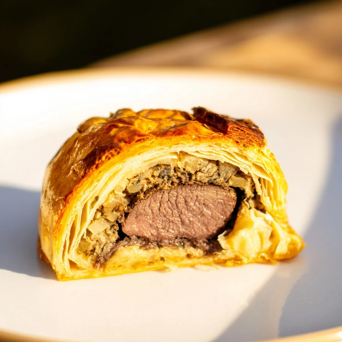 Elegant Beef Wellington for Two, freshly baked and sliced, revealing medium-rare beef wrapped in prosciutto and flaky pastry on a dark rustic table.  
