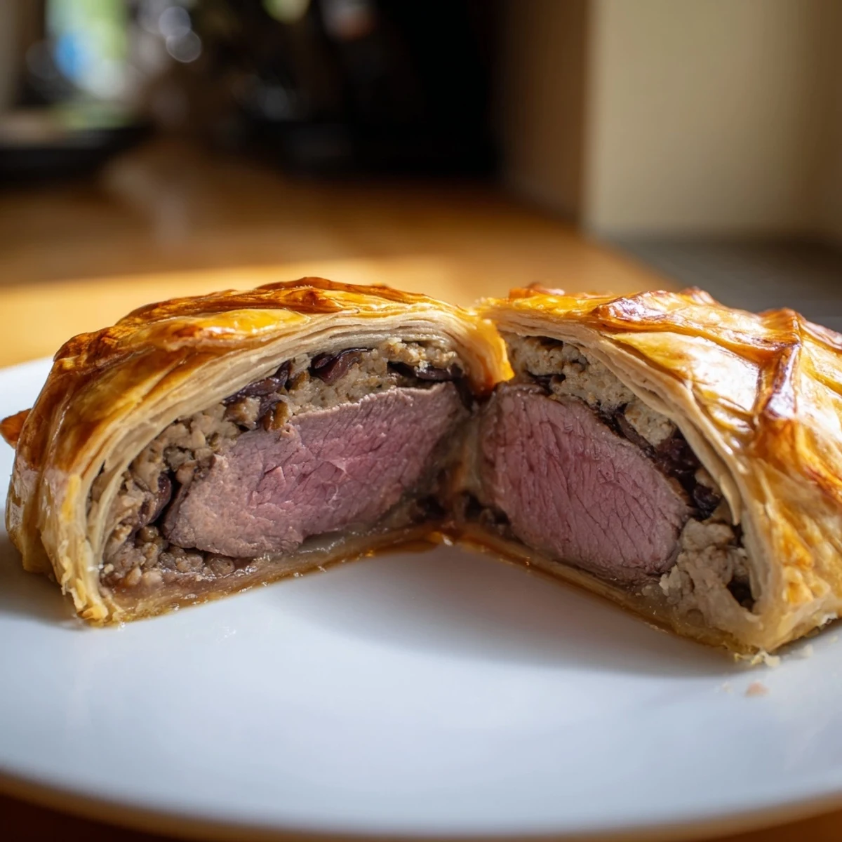 Perfectly portioned Elegant Beef Wellington for Two, golden brown and crisp, garnished with fresh thyme and ready to serve with roasted vegetables.