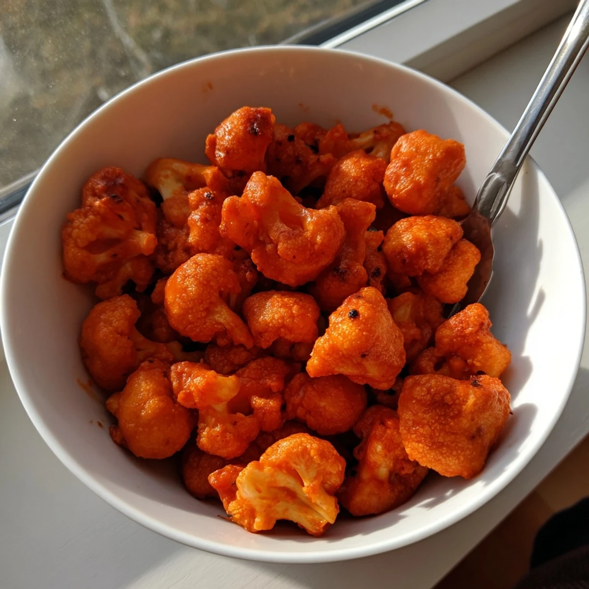 A close-up of Super Bowl Buffalo Cauliflower Bites glistening with spicy red sauce, alongside crunchy carrot sticks and a side of blue cheese dressing.