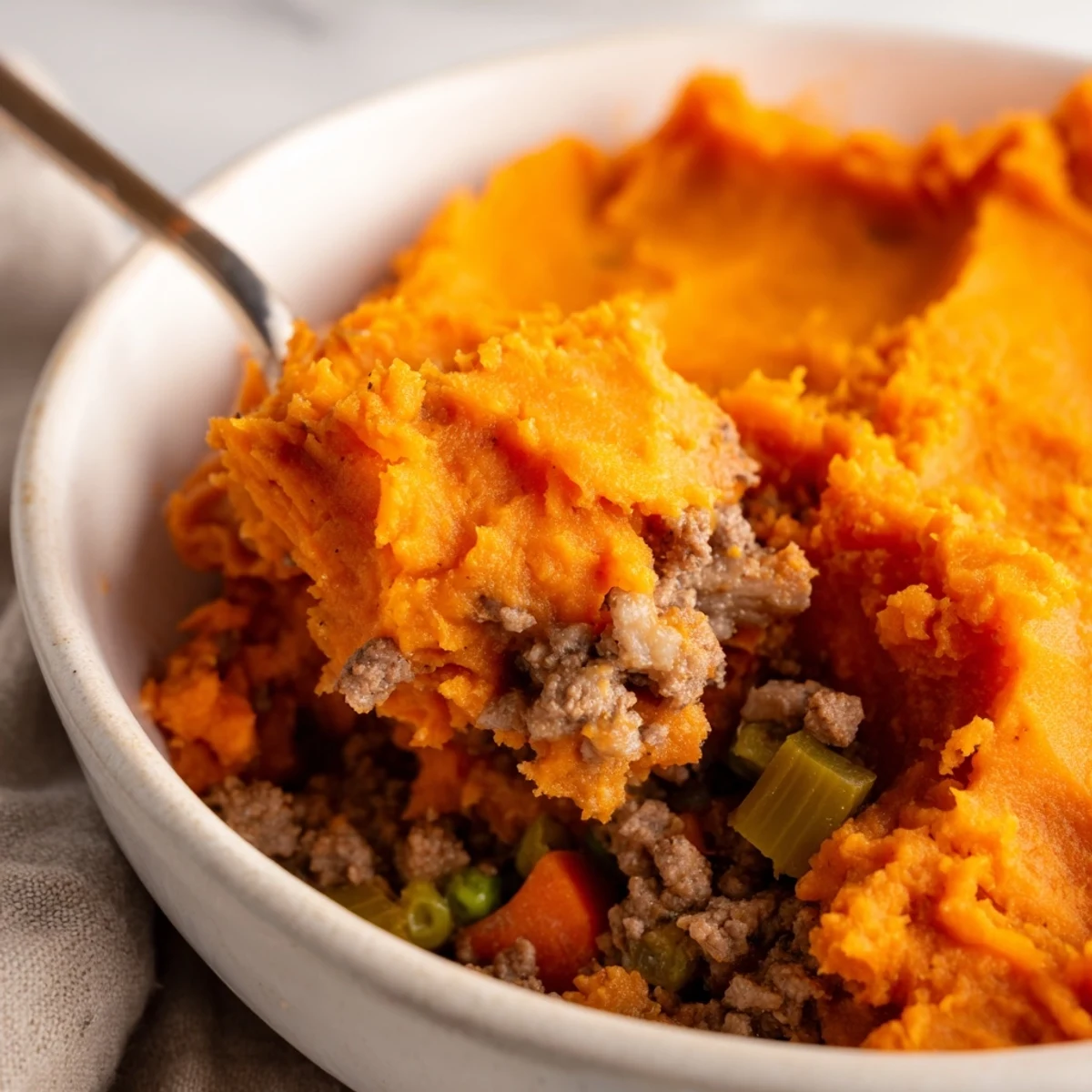 Golden-brown sweet potato mash tops this Beef Shepherd’s Pie, revealing savory ground beef and tender vegetables bubbling in the baking dish.