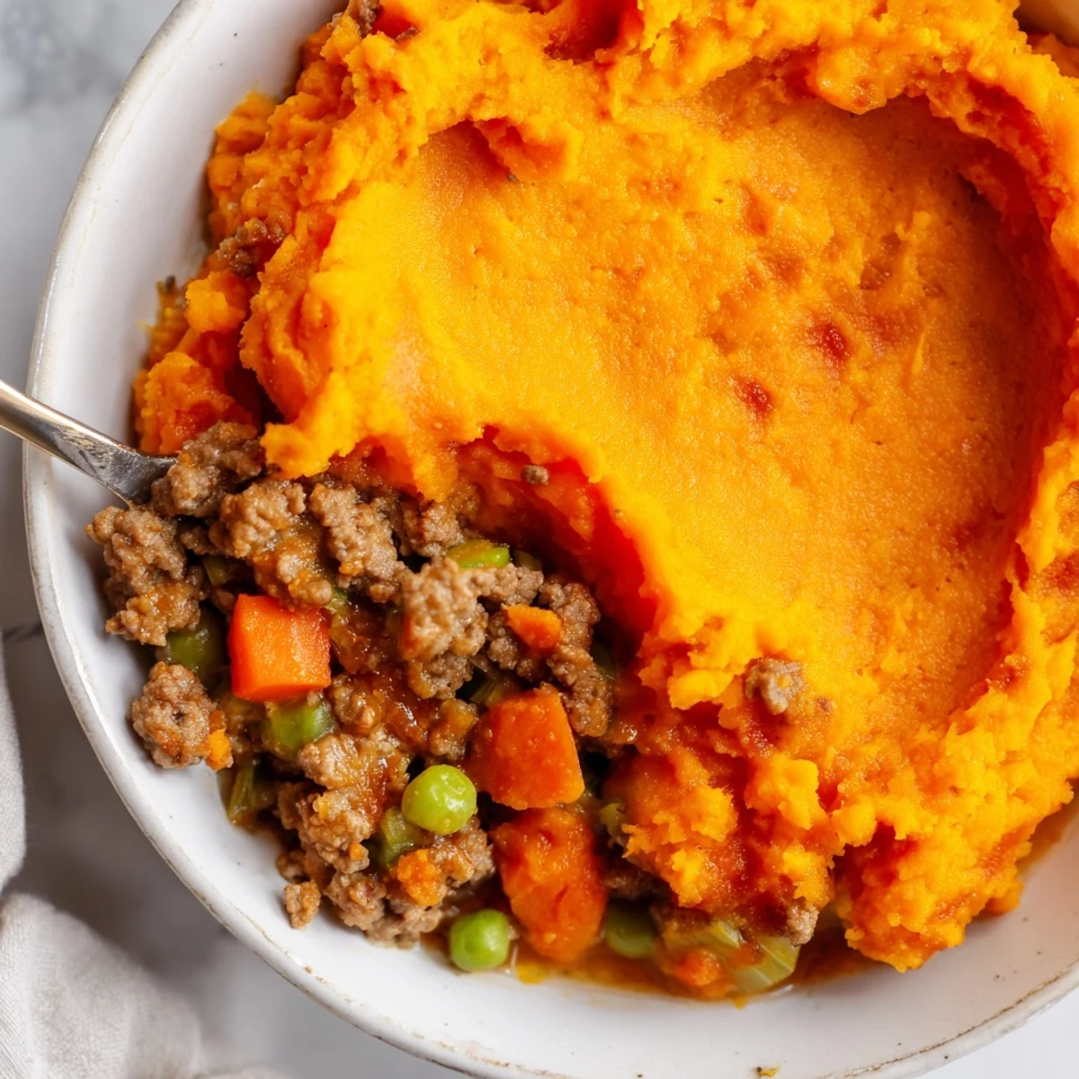 A close-up shows the creamy sweet potato topping swirled over the rich beef and pea mixture, ready to serve.