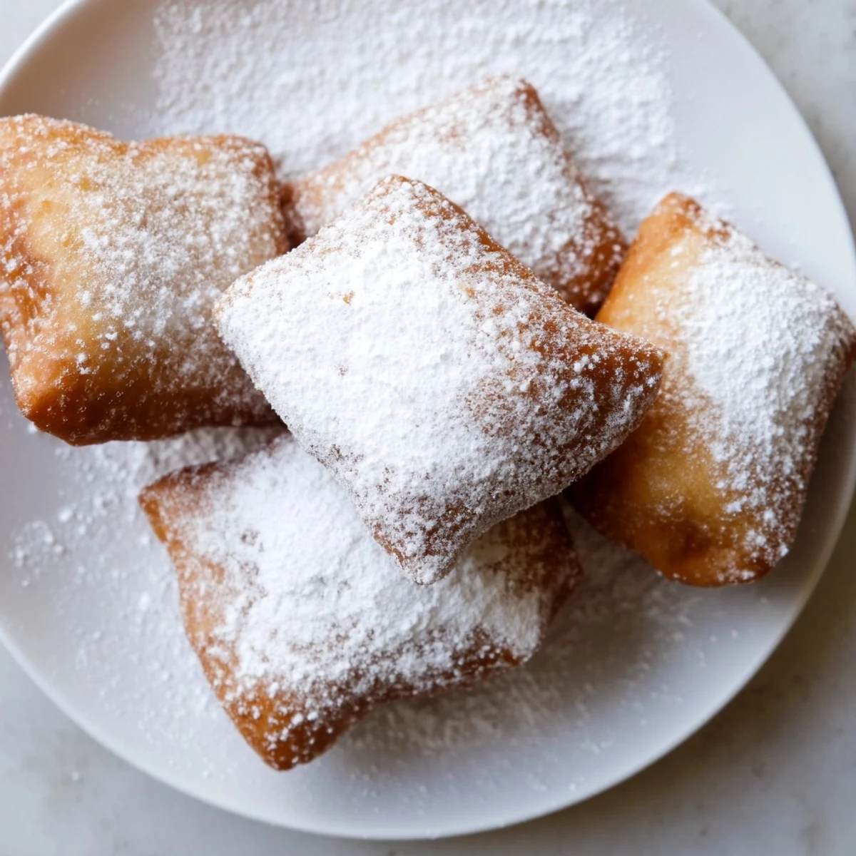 Golden-brown Mardi Gras beignets, pillowy squares dusted with powdered sugar, served warm on a festive plate.