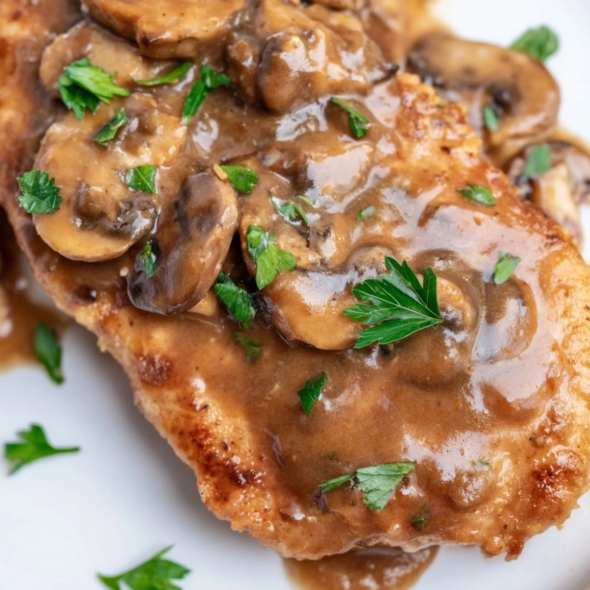 Golden-brown Chicken Marsala with Mushrooms in a rich, glossy mushroom sauce, garnished with fresh parsley.