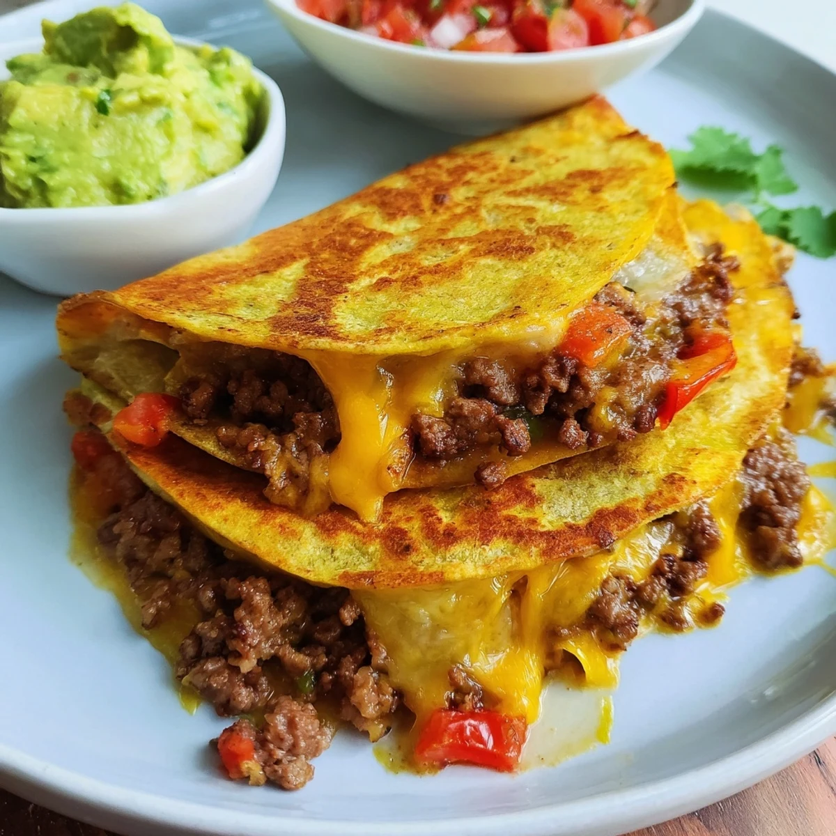 Golden-brown Beef Quesadillas with Salsa and Guacamole garnished with fresh cilantro, served on a rustic plate.