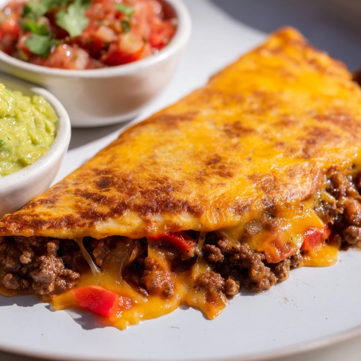 A close-up of Beef Quesadillas with Salsa and Guacamole, melted cheese oozing from the crispy flour tortilla.