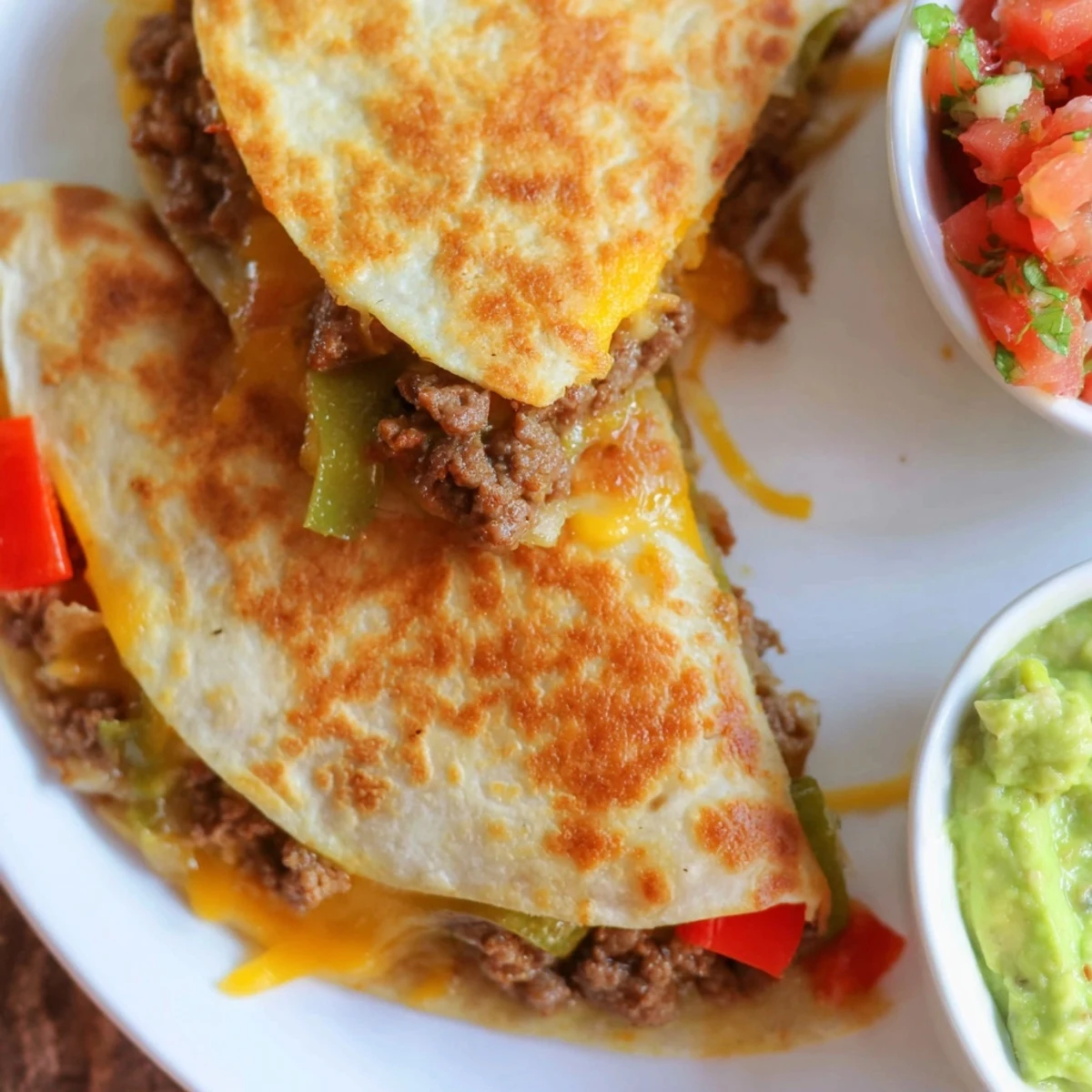 A festive platter of Beef Quesadillas with Salsa and Guacamole, paired with lime wedges and Mexican beer.