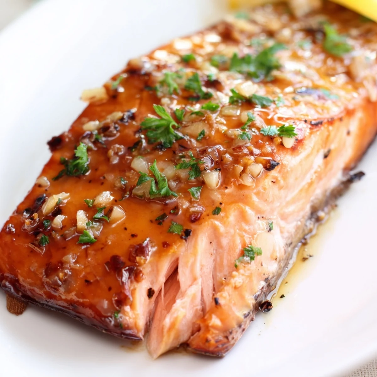 Perfectly baked Baked Salmon with Honey Garlic Glaze glistening with a sticky, caramelized glaze on a white plate.