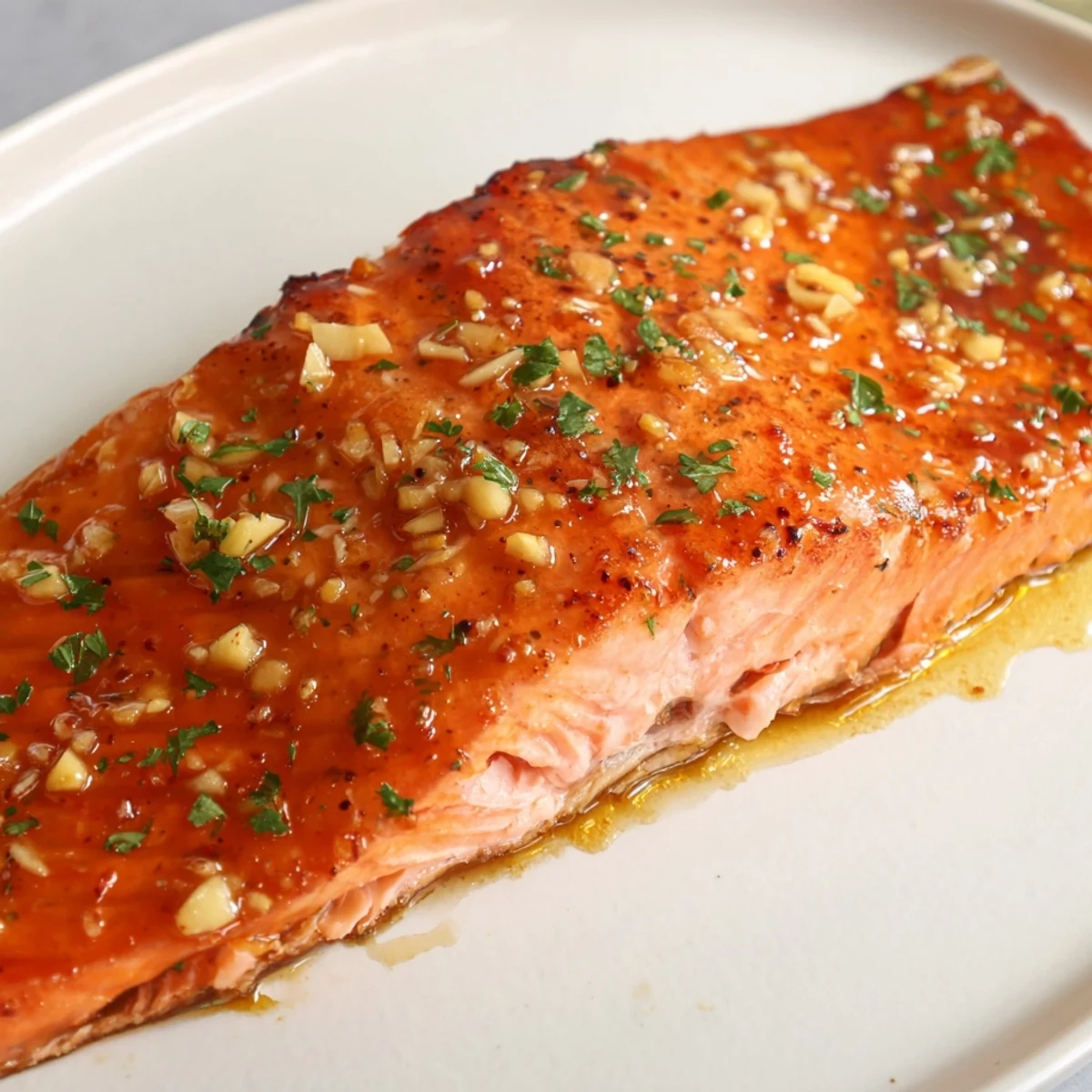 Golden-brown Baked Salmon with Honey Garlic Glaze served over rice, highlighting a savory and sweet weeknight dinner.