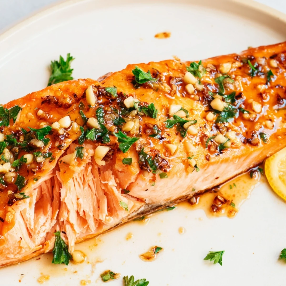 Savory Baked Salmon with Honey Garlic Glaze fillets flake easily next to fresh parsley and lemon wedges.