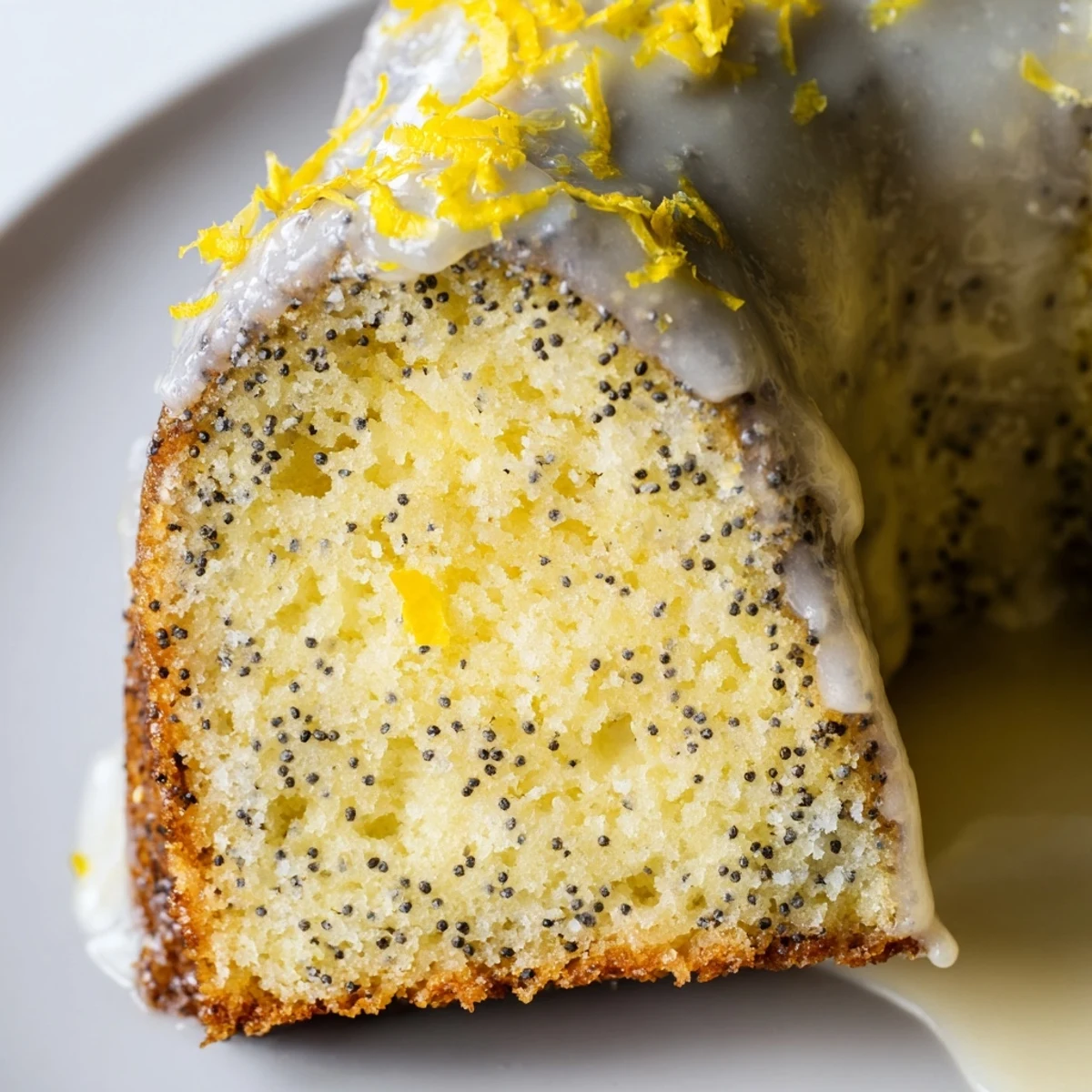 A freshly baked Lemon Poppy Seed Bundt Cake with a generous drizzle of sweet glaze, ready to slice.