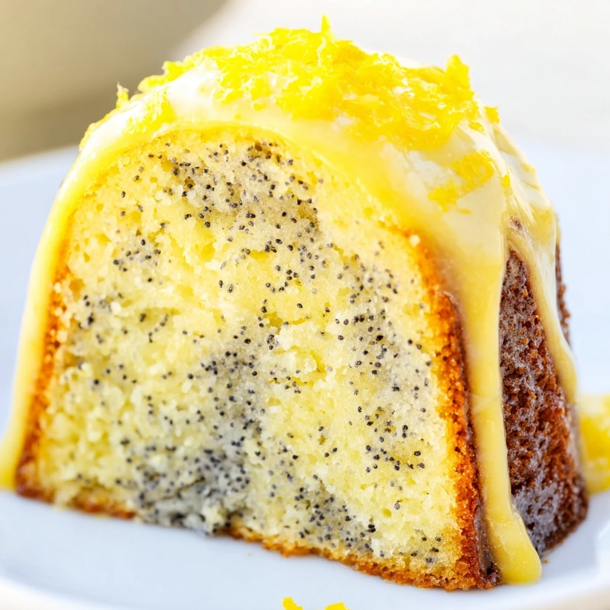Warm Lemon Poppy Seed Bundt Cake served on a decorative plate, garnished with extra lemon zest.