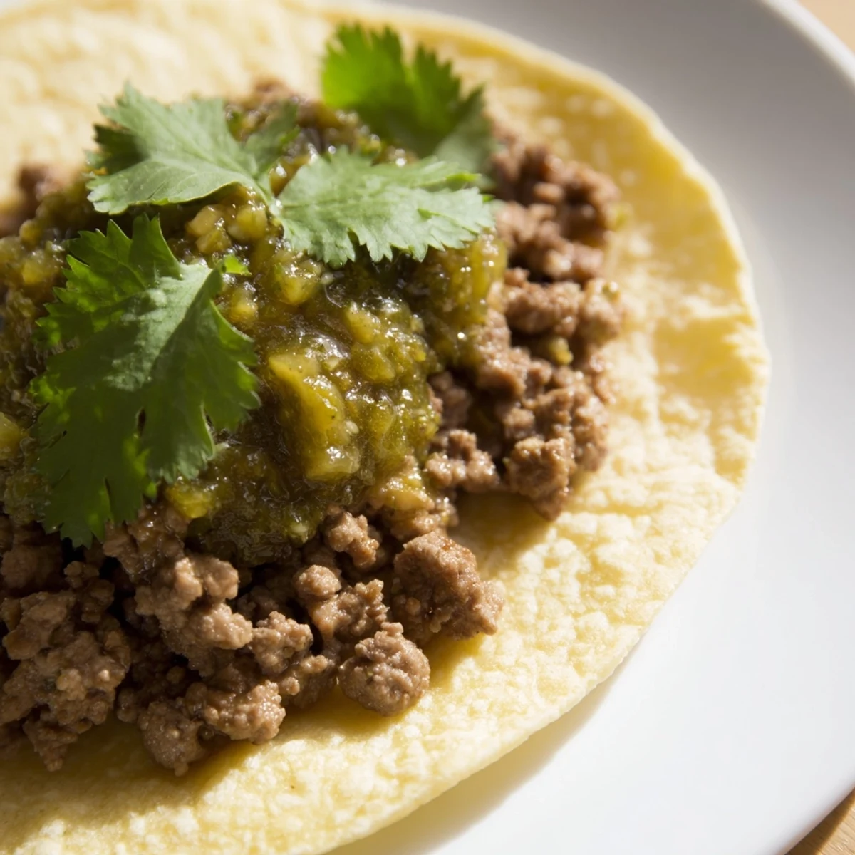Golden-brown spicy beef tacos topped with vibrant green salsa verde and sliced avocado on warm corn tortillas.