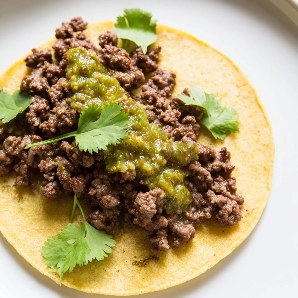 Homemade spicy beef tacos with salsa verde, avocado, and red onion, served on a rustic plate.