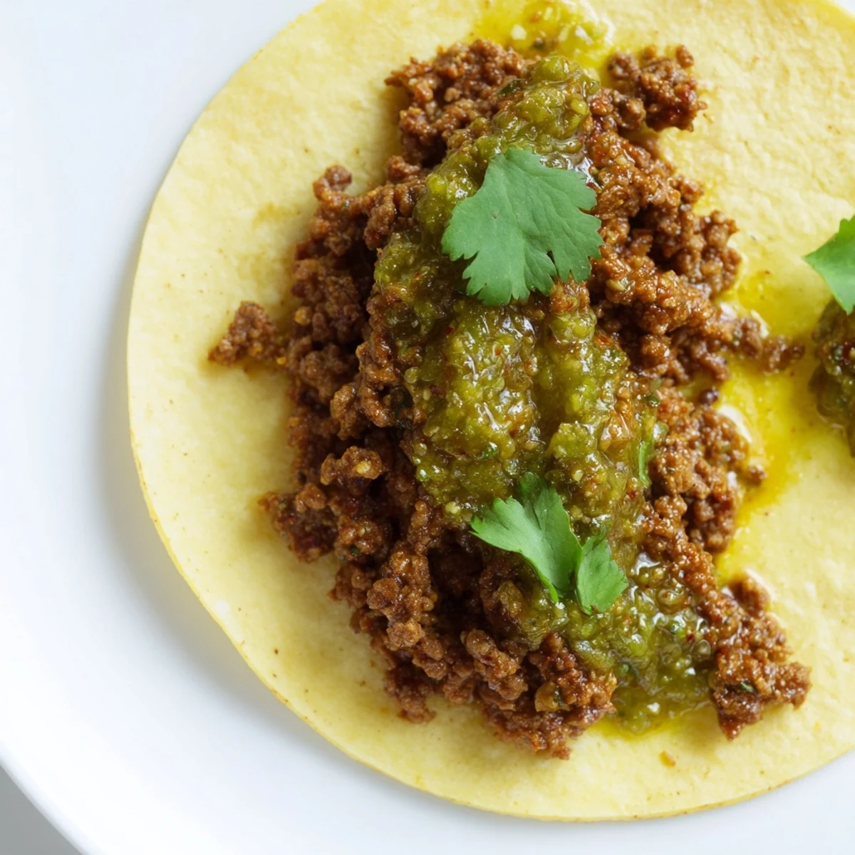 Close-up of spicy beef filling in tacos, garnished with fresh cilantro, red onion, and lime wedges.