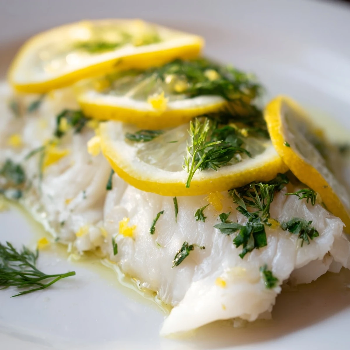 Bright lemon and herbs garnish golden fillets of Baked Cod with Lemon and Herbs.