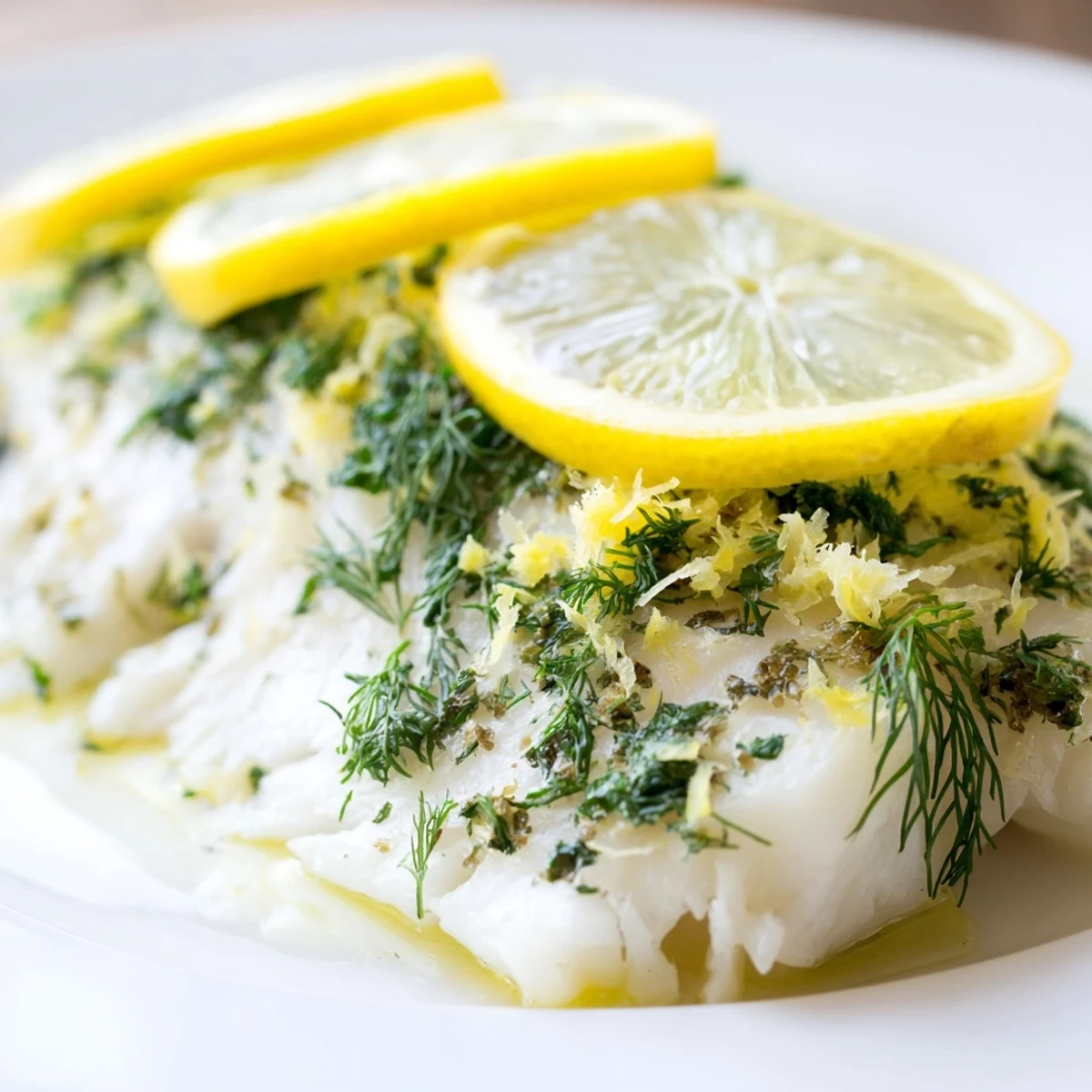 Tender, opaque Baked Cod with Lemon and Herbs served alongside roasted potatoes and vegetables.