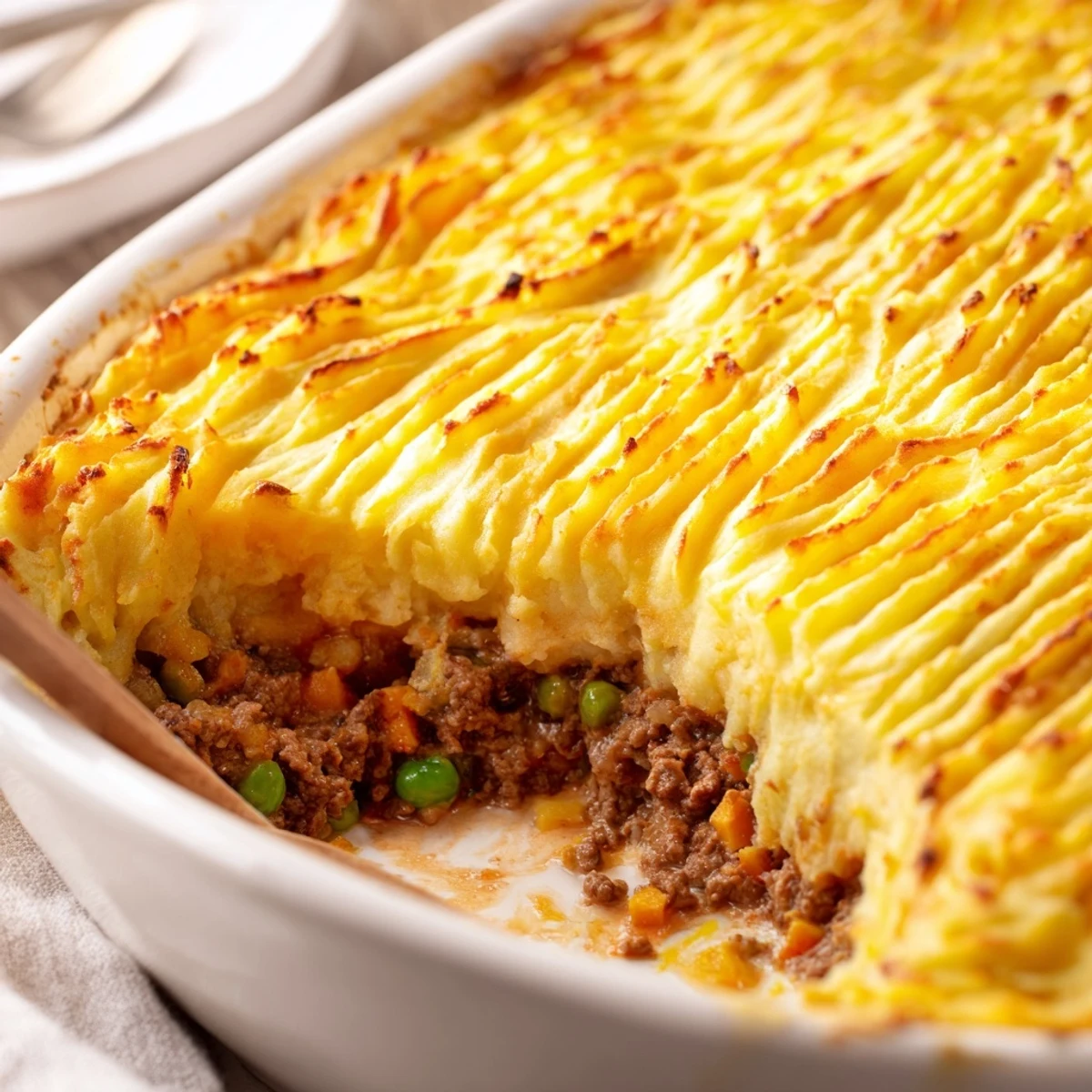 Golden-brown Beef Shepherds Pie with Peas bubbling from the oven, featuring creamy mashed potato ridges over a savory beef and vegetable filling.