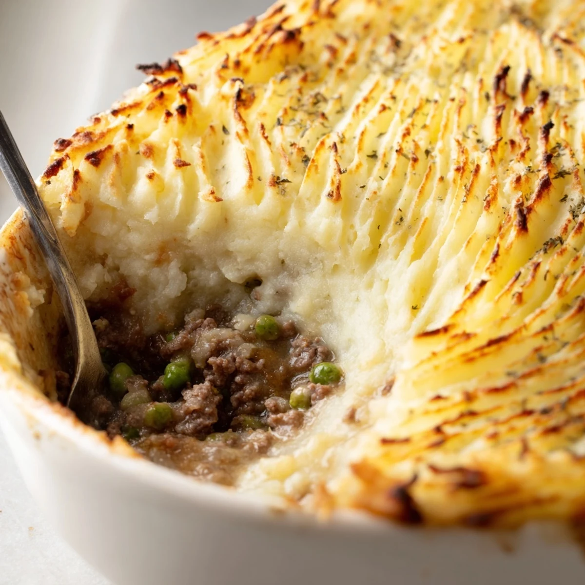 A hearty slice of Beef Shepherds Pie with Peas lifted from the dish, revealing layers of ground beef, sweet peas, and smooth potatoes.