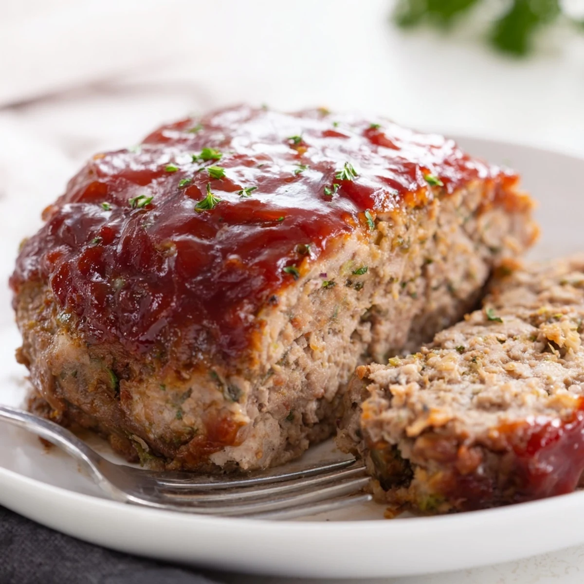 Juicy turkey meatloaf with a glossy glaze, paired with crisp-tender green beans and a bright lemon wedge for a wholesome, family-style dinner.  
