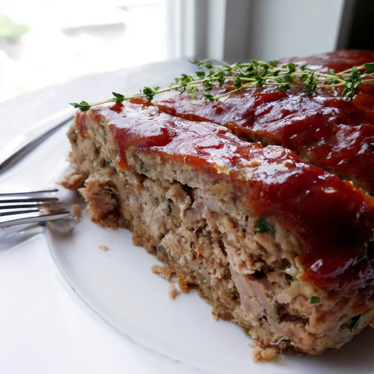 Sliced golden-brown turkey meatloaf revealing moist interior, drizzled with tangy glaze, alongside vibrant steamed green beans and fresh lemon on a rustic platter.  