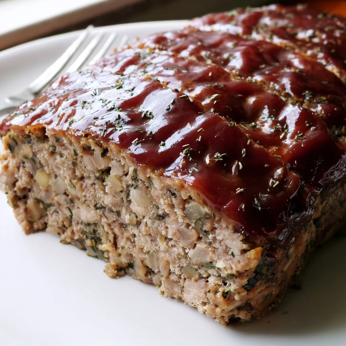Hearty slice of glazed turkey meatloaf on a plate, garnished with parsley, with buttery green beans and lemon wedges ready for a satisfying meal.