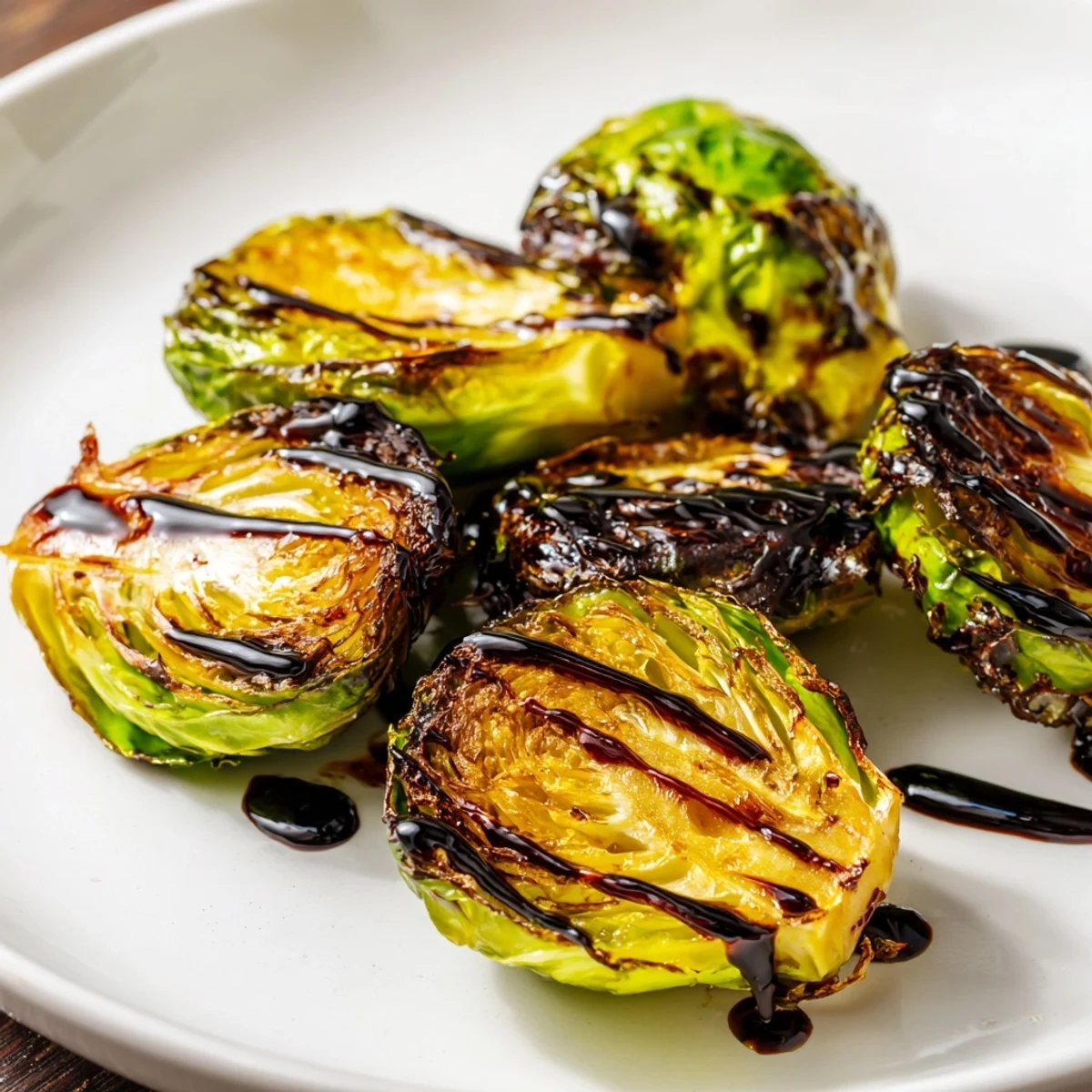 Roasted Brussels Sprouts with Balsamic Glaze served warm on a rustic platter, glistening with sweet and tangy syrup.