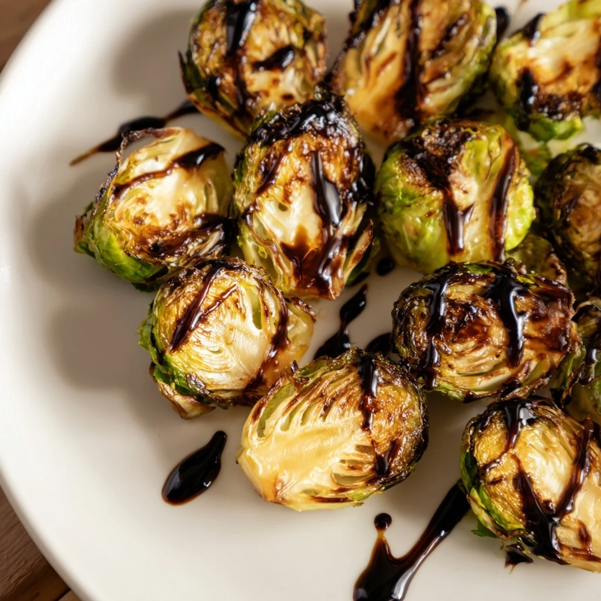 A close-up of crispy Roasted Brussels Sprouts with Balsamic Glaze, drizzled in glossy glaze beside roasted root vegetables.