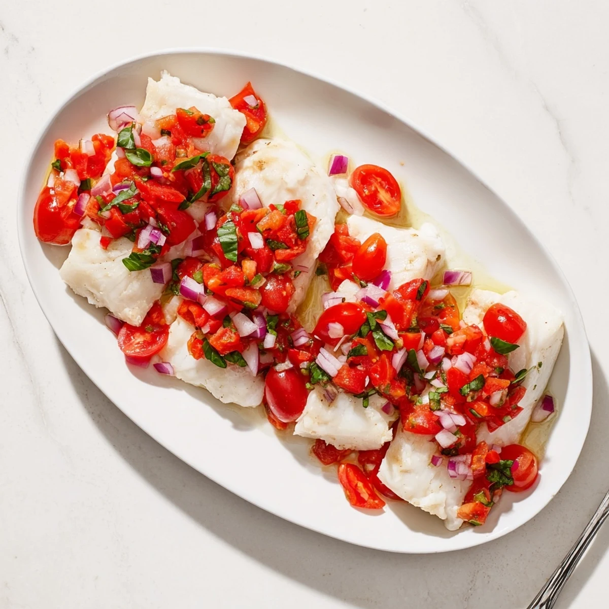 Tender, flaky halibut baked with lemon and olive oil, garnished with a colorful cherry tomato and basil relish.  