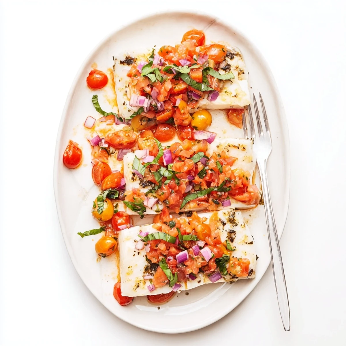 Close-up of Mediterranean-style baked halibut with a juicy tomato and basil relish, perfect for a light summer dinner.