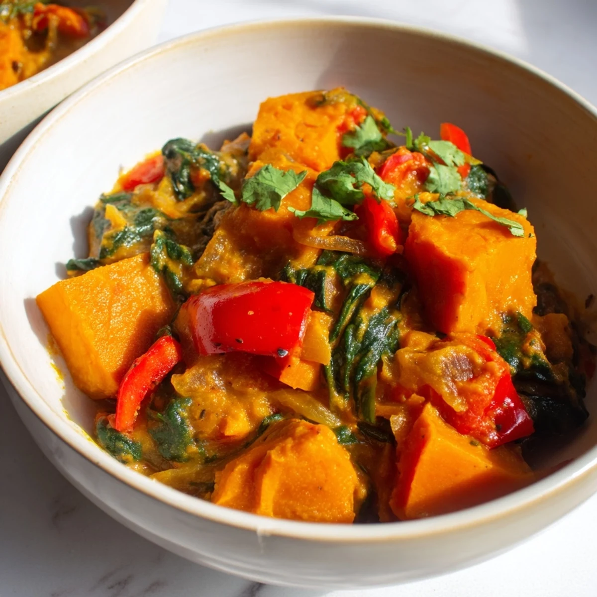 Creamy Vegan Sweet Potato Curry with Spinach simmering in a pot, showcasing tender sweet potato cubes and wilted greens.