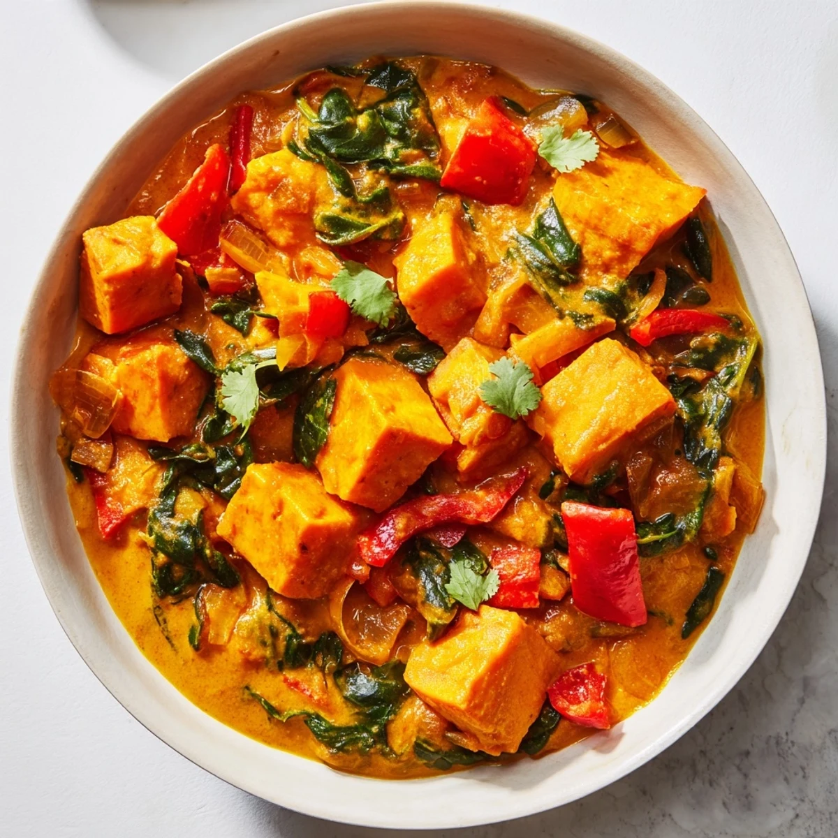 Vibrant Vegan Sweet Potato Curry with Spinach in a rustic bowl, garnished with lime wedges and perfect for a cozy dinner.