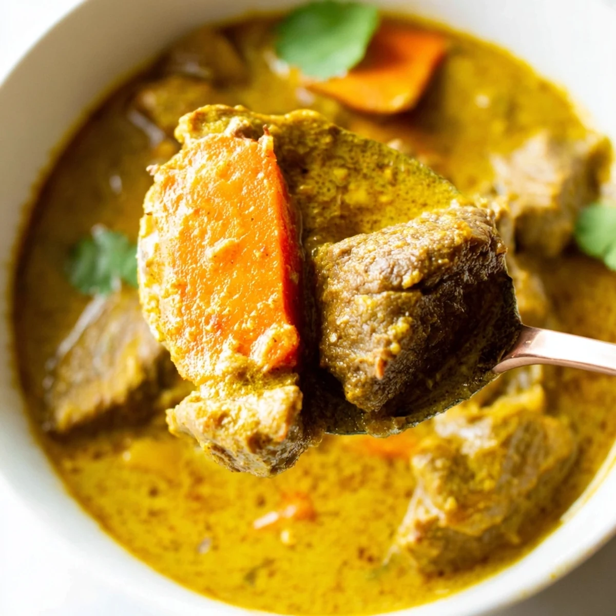 Hearty Slow Cooker Beef Curry with Coconut Milk served over fluffy white rice with fresh lime.