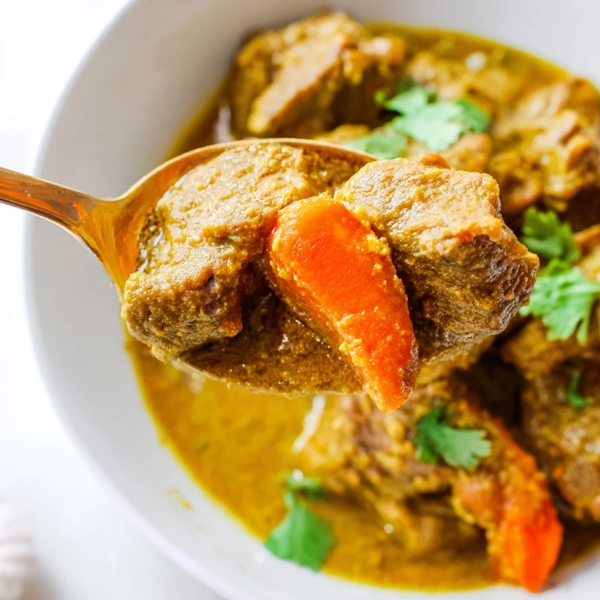 Aromatic Indian curry with tender beef, carrots, and peppers, garnished with vibrant cilantro for a fresh finish.