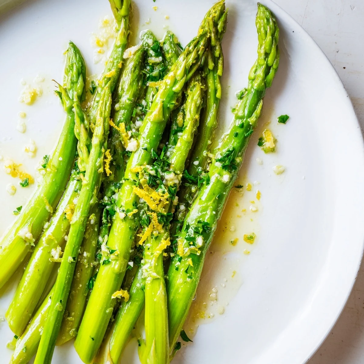 A close-up of tender lemon garlic asparagus with a glistening butter coating, served warm as an easy vegetarian side dish.
