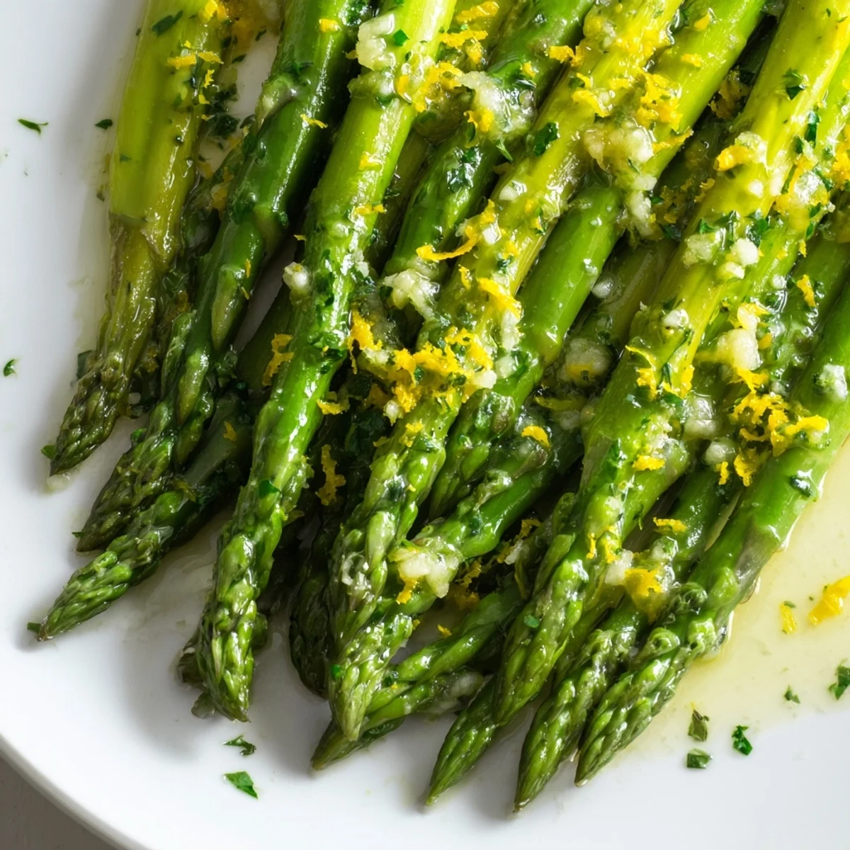 Fresh asparagus spears tossed with minced garlic and lemon zest, ready to serve alongside grilled chicken or fish for dinner.