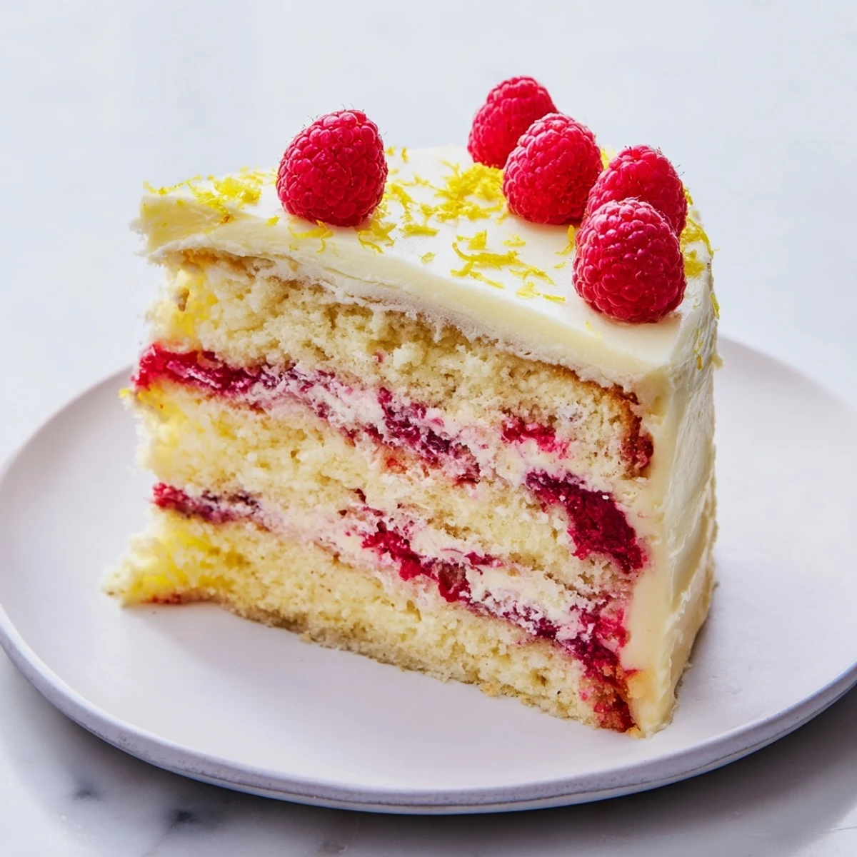 Perfectly sliced lemon raspberry layer cake reveals vibrant raspberry filling between fluffy lemon-scented layers, topped with fresh berries.