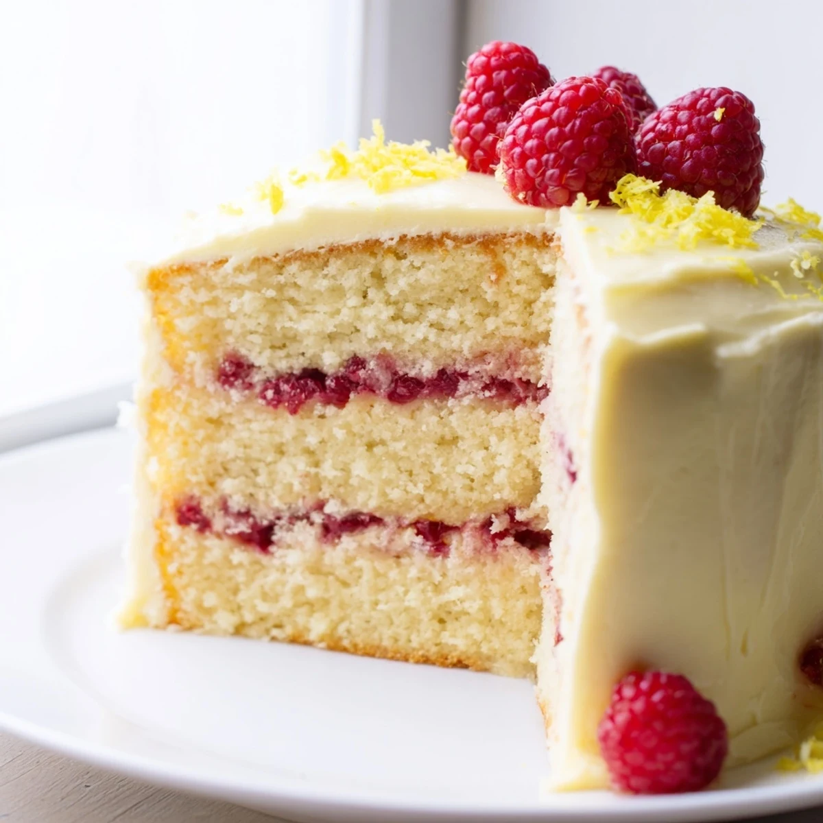 A plated slice of lemon raspberry layer cake beside a cup of tea showcases moist sponge and tangy sweet frosting.