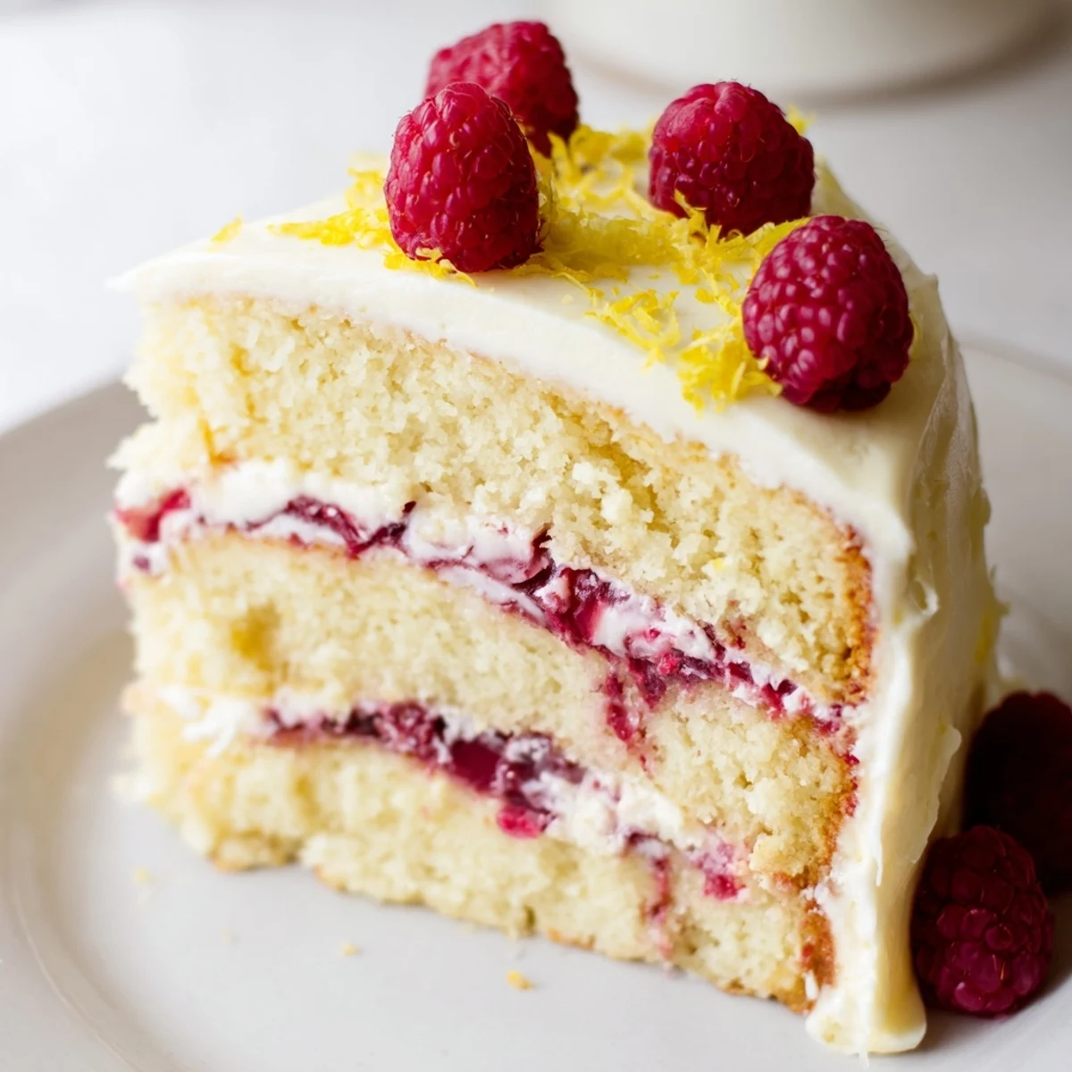 Close-up of a whole lemon raspberry layer cake decorated with fresh raspberries and zest, ready for a celebration.