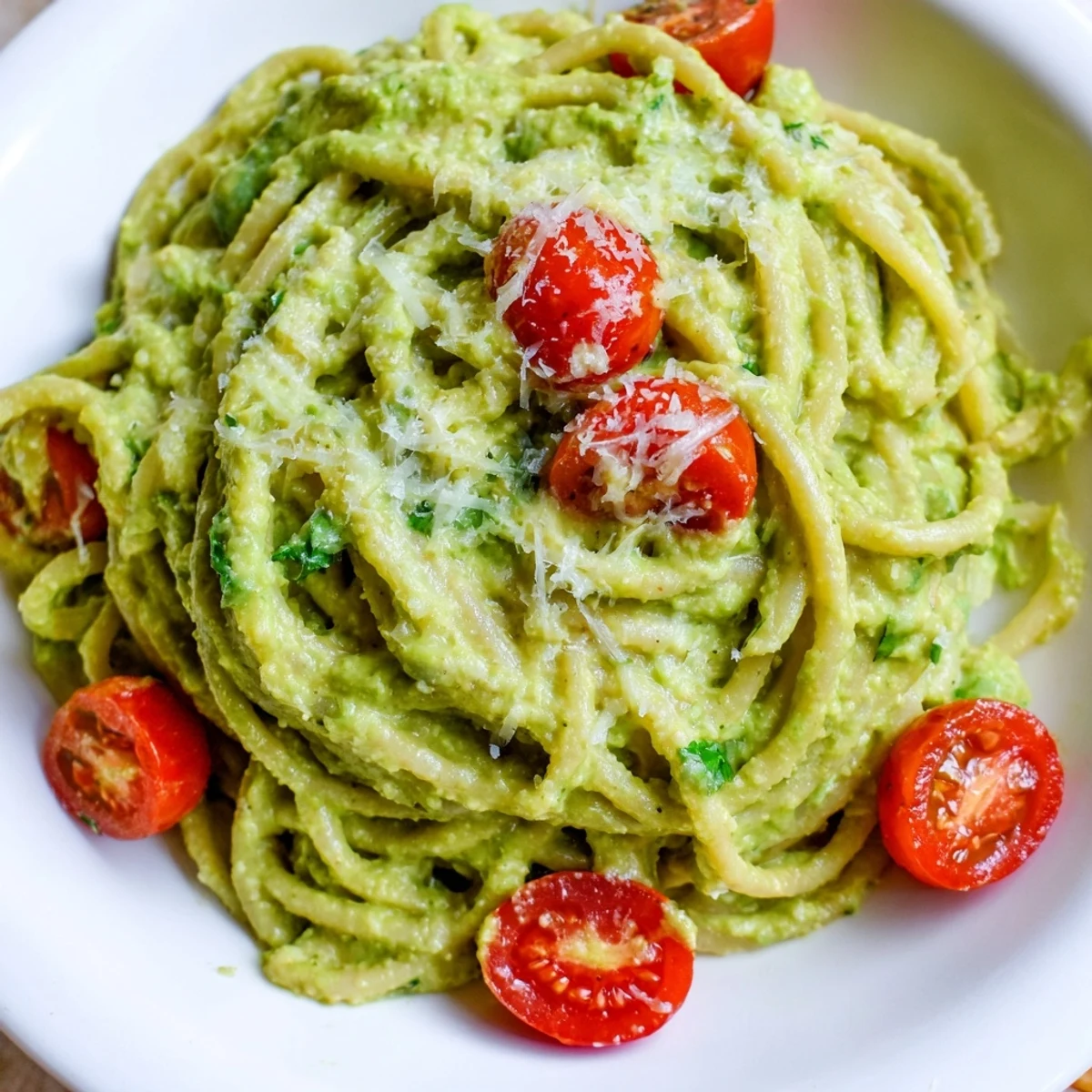 A close-up of Creamy Avocado Lime Pasta with Cherry Tomatoes, featuring al dente spaghetti coated in vibrant green sauce, garnished with halved red tomatoes and fresh cilantro leaves on a rustic wooden table.