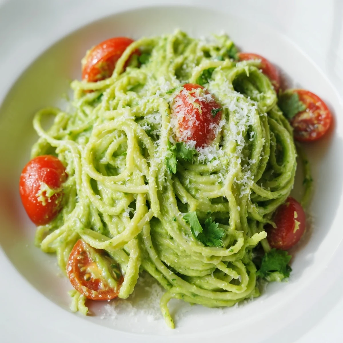Overhead view of fresh Creamy Avocado Lime Pasta with Cherry Tomatoes, highlighting the creamy texture and bright lime zest, with a side of grated Parmesan and a glass of white wine for a perfect weeknight meal.