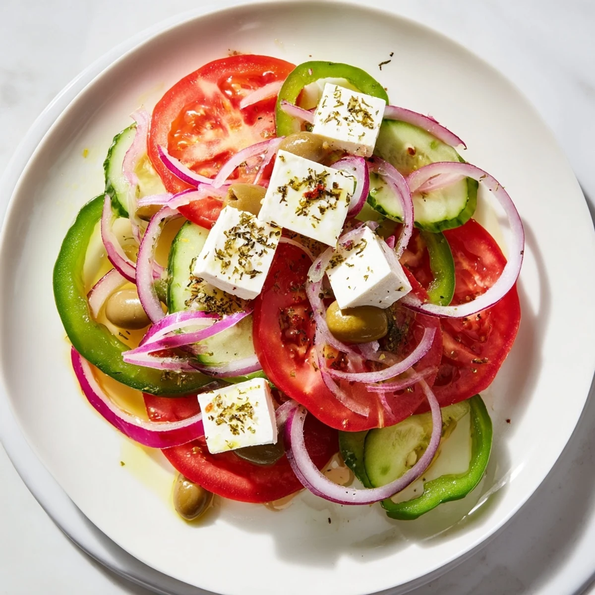 A vibrant Mediterranean-style Greek salad with Kalamata olives and feta, tossed with green bell pepper and dressed in a savory vinaigrette.