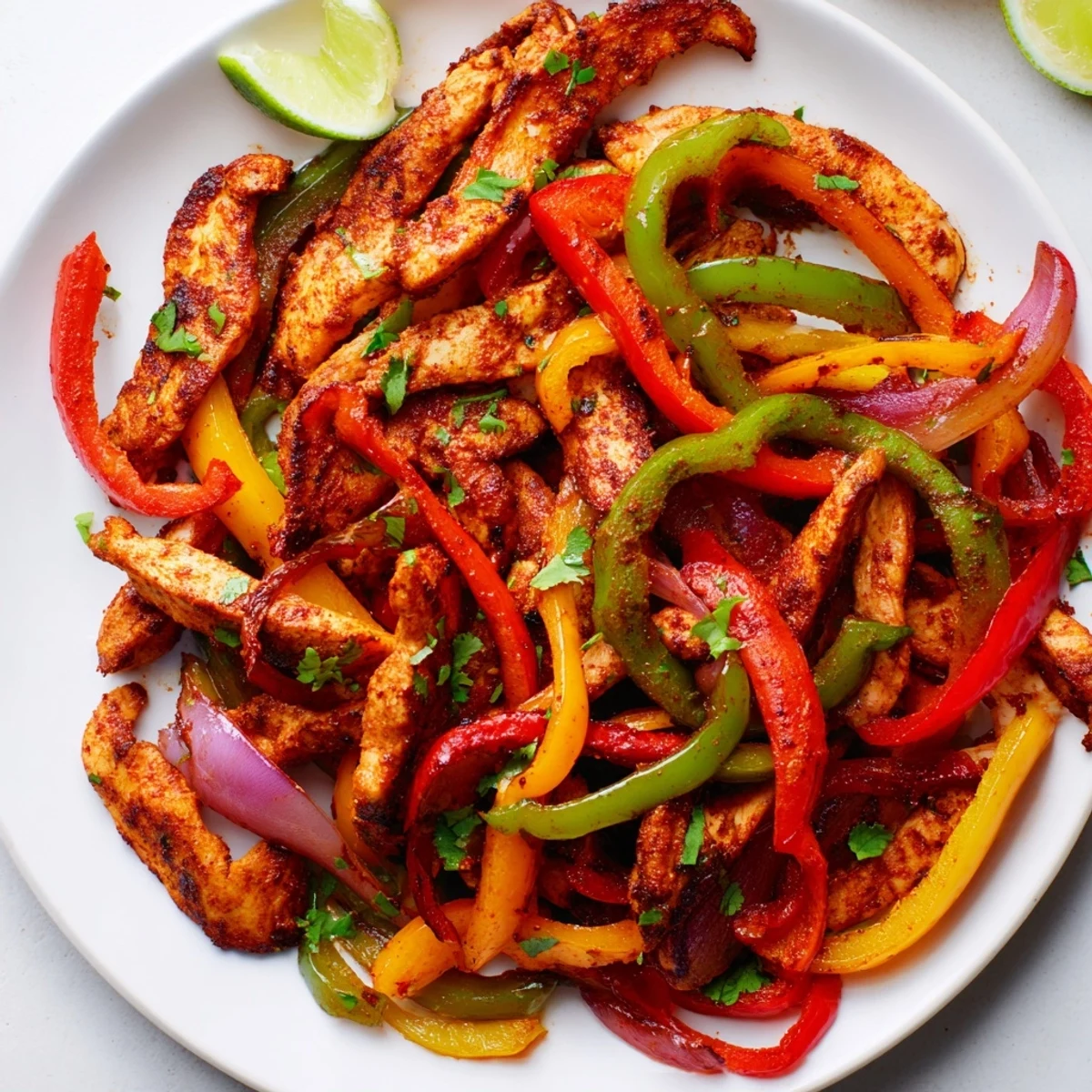 Tender chicken strips and vibrant bell peppers sizzling alongside sweet onions in a single layer on a sheet pan, perfectly roasted for quick, easy fajitas.