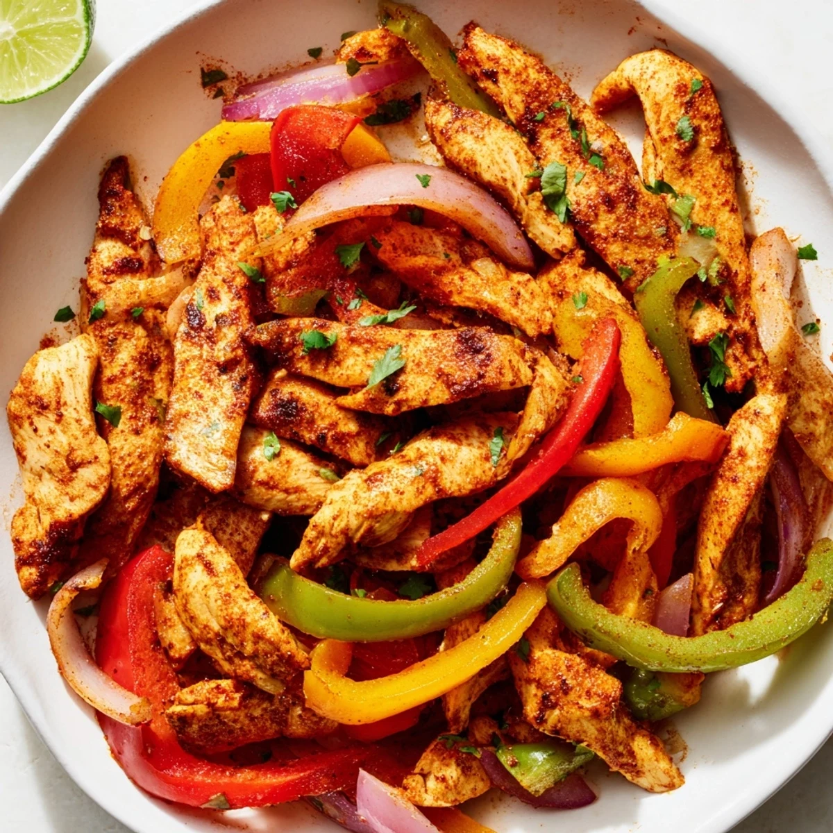 Golden-brown Sheet Pan Chicken Fajitas with Onions, topped with fresh cilantro and lime wedges, ready to be served with warm corn or flour tortillas.